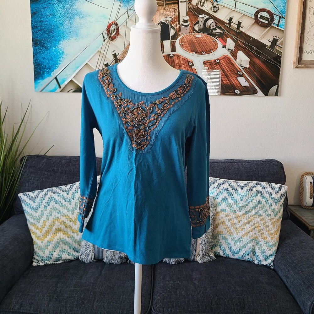 Coldwater Creek Teal Beaded Blouse
